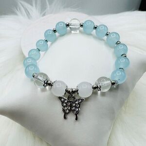 Blue Beaded w/ Sparkly Butterfly Charm Bracelet - Small wrists